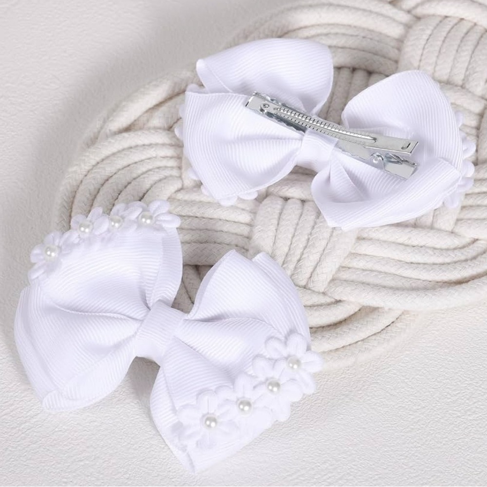 White Floral Pearl Bow Hair Clips - Set of 2